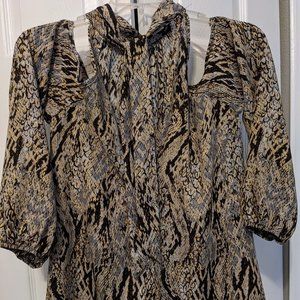 Woman's Tyche shirt. NWT. Size S. Multi color tans, browns, and black.